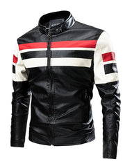 Men's Plus Size Striped Leather Moto Jacket