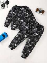 Children's Racing Car Print Long Sleeve Sweatshirt and Pants Set