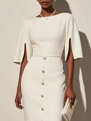 Slit Sleeve Midi Dress with Decorative Button