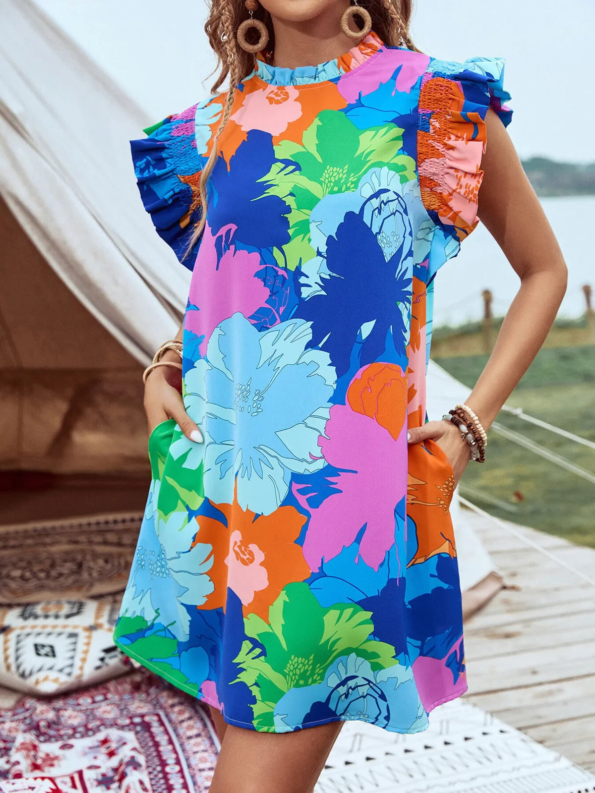 Classy Printed Ruffled Cap Sleeve Mini Dress