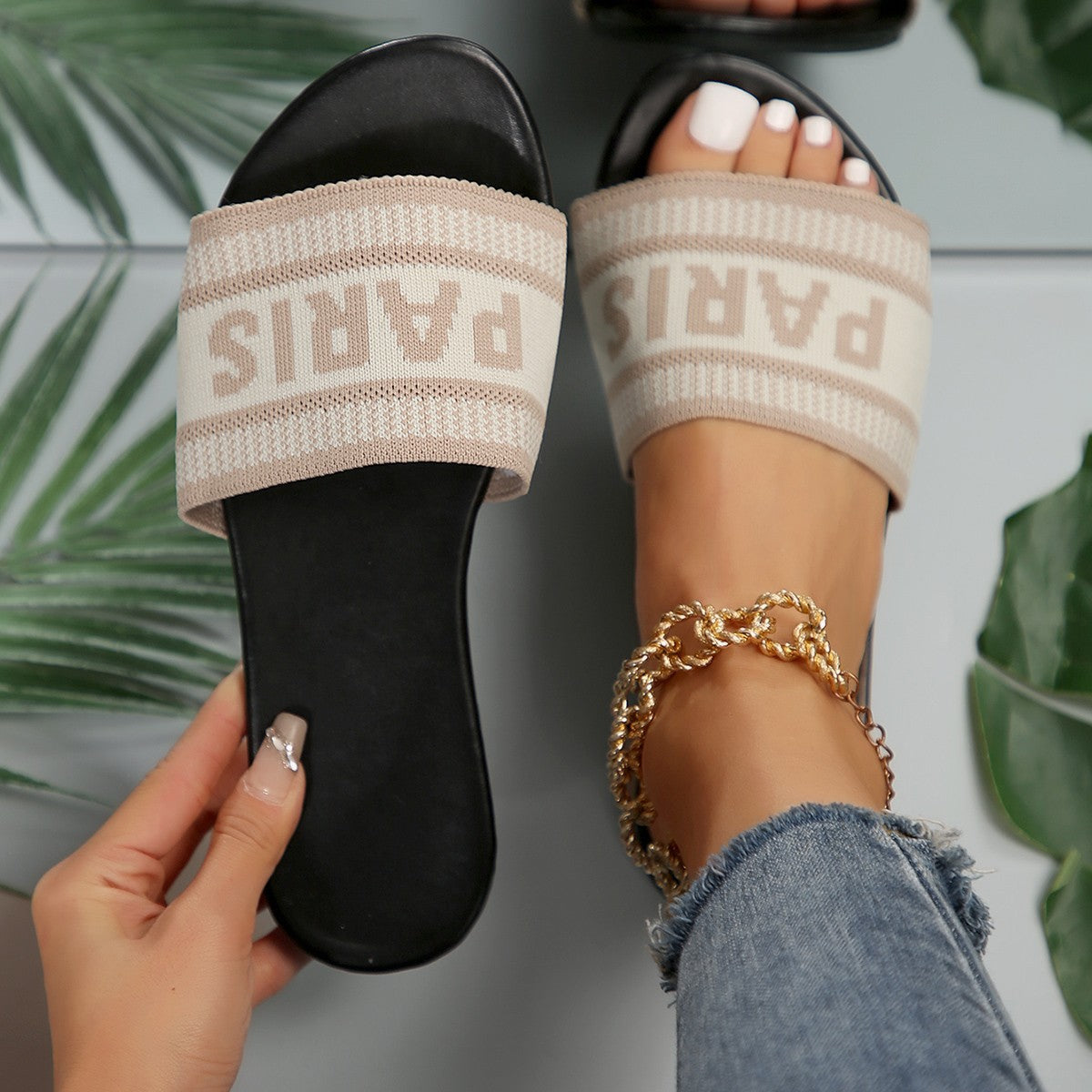 PARIS Letter Open Toe Flat Sandals