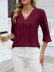 Relaxed Fit V-Neck Three-Quarter Sleeve Blouse