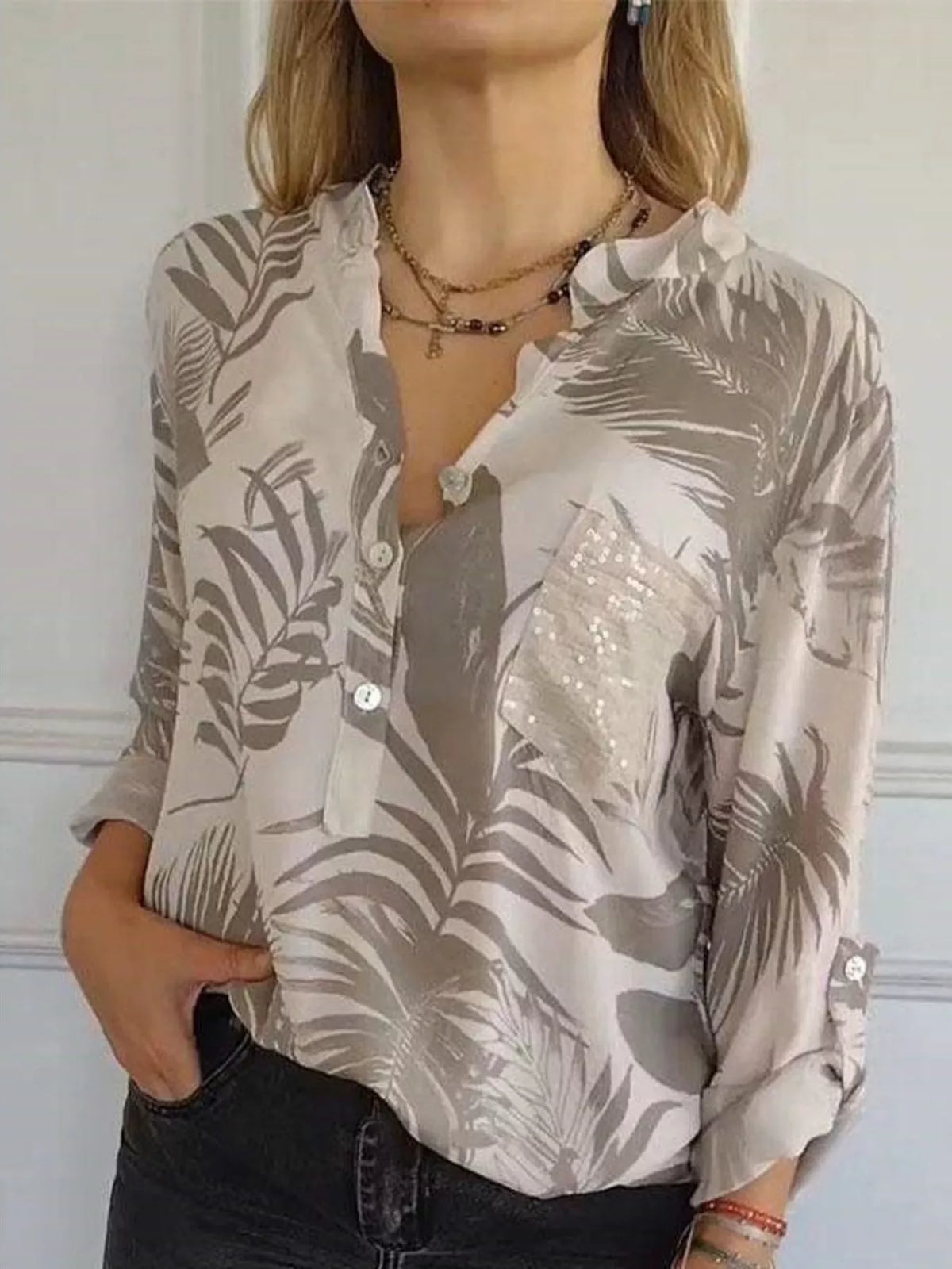 Full Size Printed Button Detail Long Sleeve Blouse Plus Size