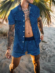 Men's Full Size Printed Collared Neck Short Sleeve Top and Shorts Set Plus Size