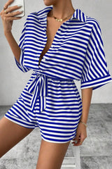 Striped Collared Neck Tie Waist Romper