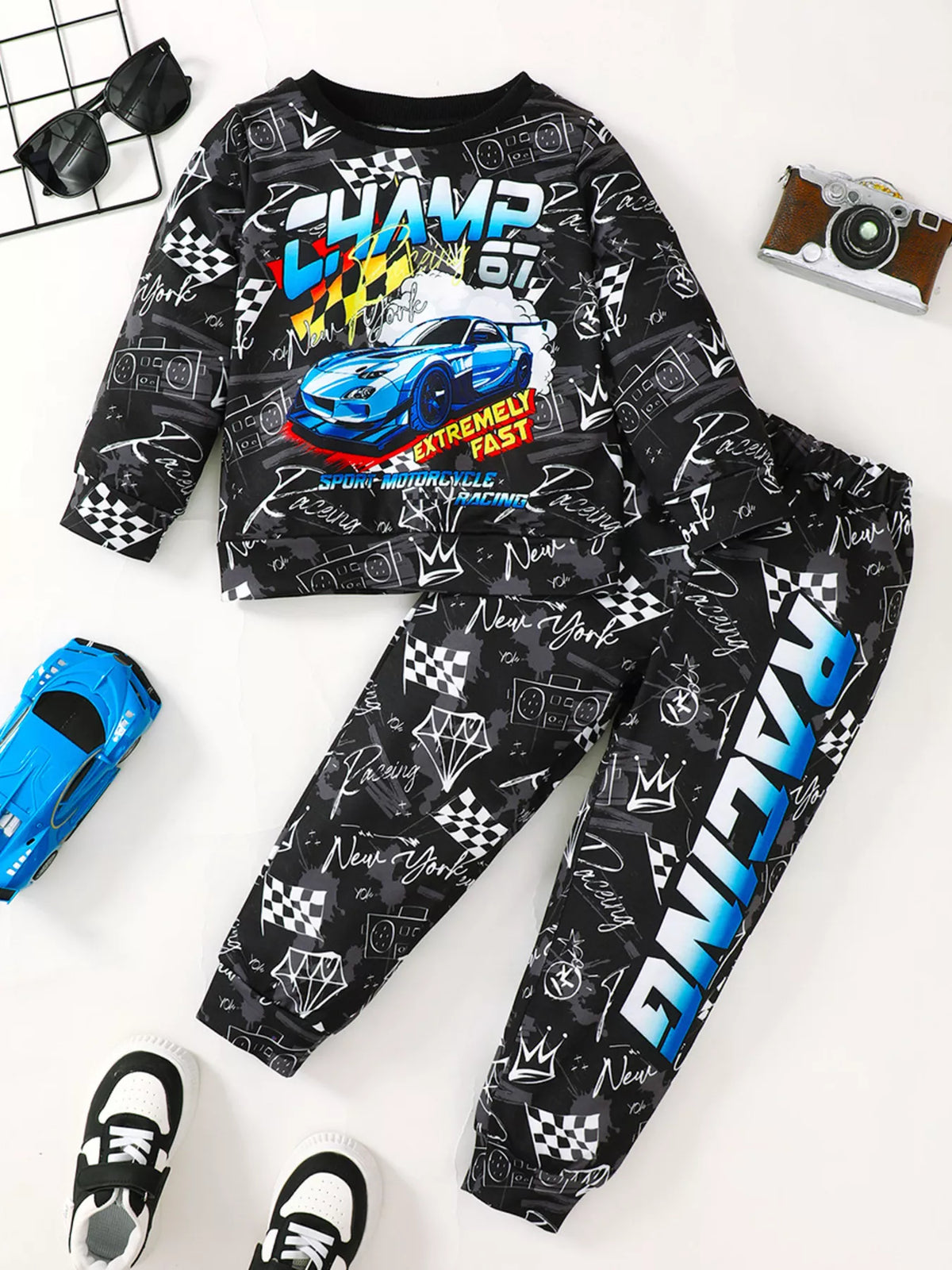 Children's Racing Car Print Long Sleeve Sweatshirt and Pants Set
