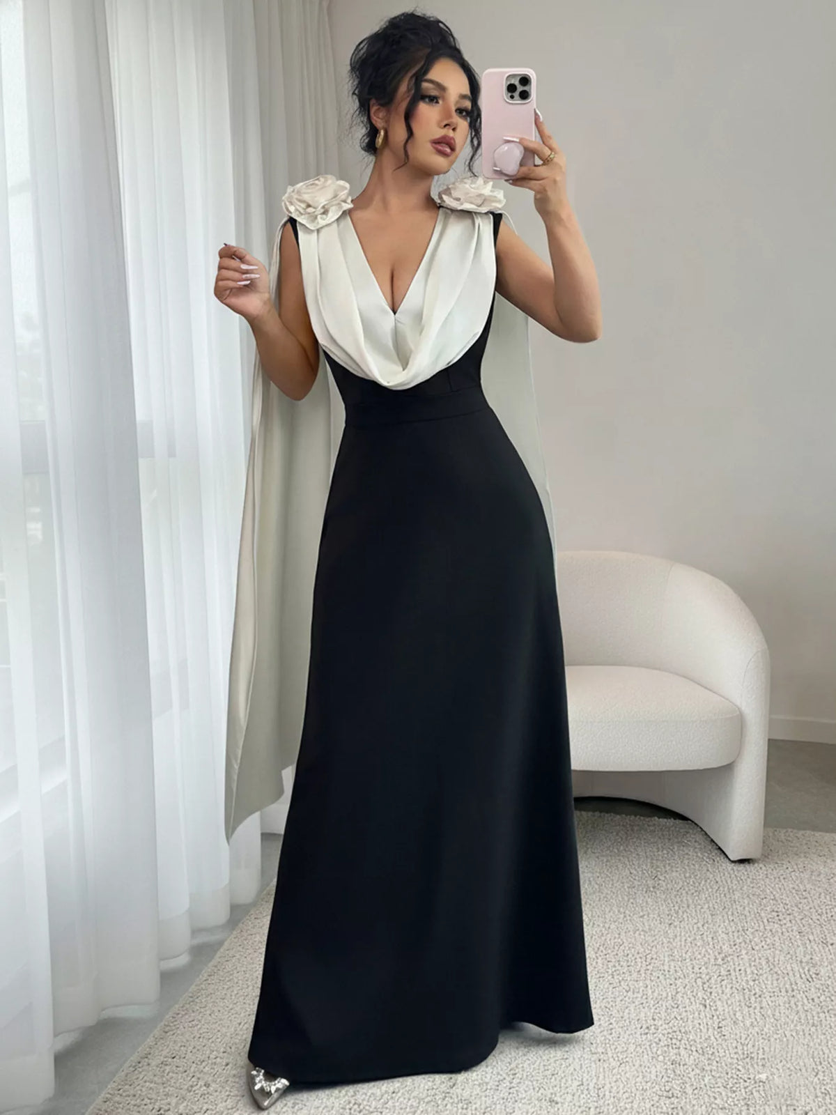 Floral Applique Two Tone Maxi Dress