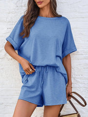 Effortless Cap Sleeve Two-Piece Set with Round Neck Top and Shorts