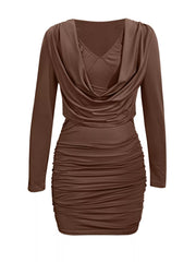 Draped V-Neck Long Sleeve Bodycon Mini Dress
