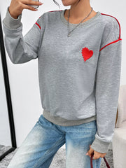 Heart Embroidered Round Neck Sweatshirt