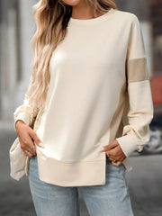 Trendy Side Slit Round Neck Sweatshirt