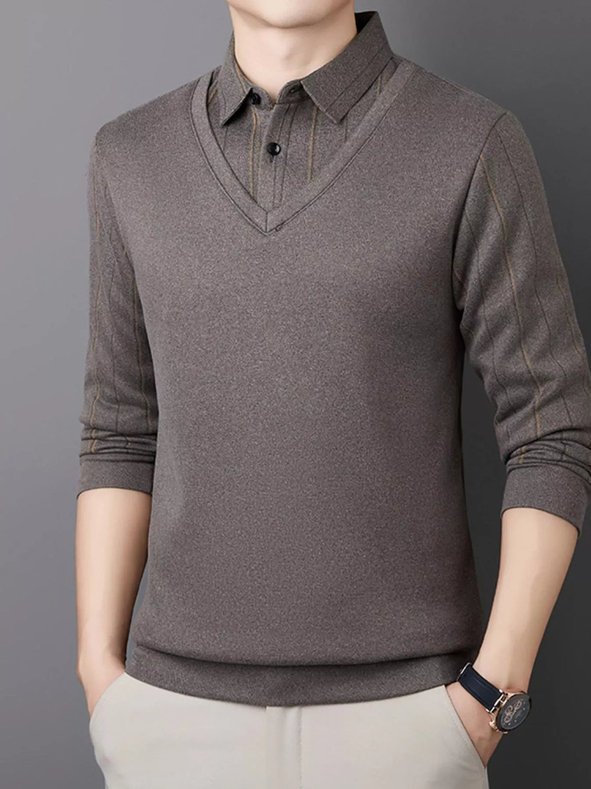 Men's Plus Size Layered Look Long Sleeve Polo