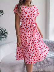 Heart Print Belted Pleated Midi Dress