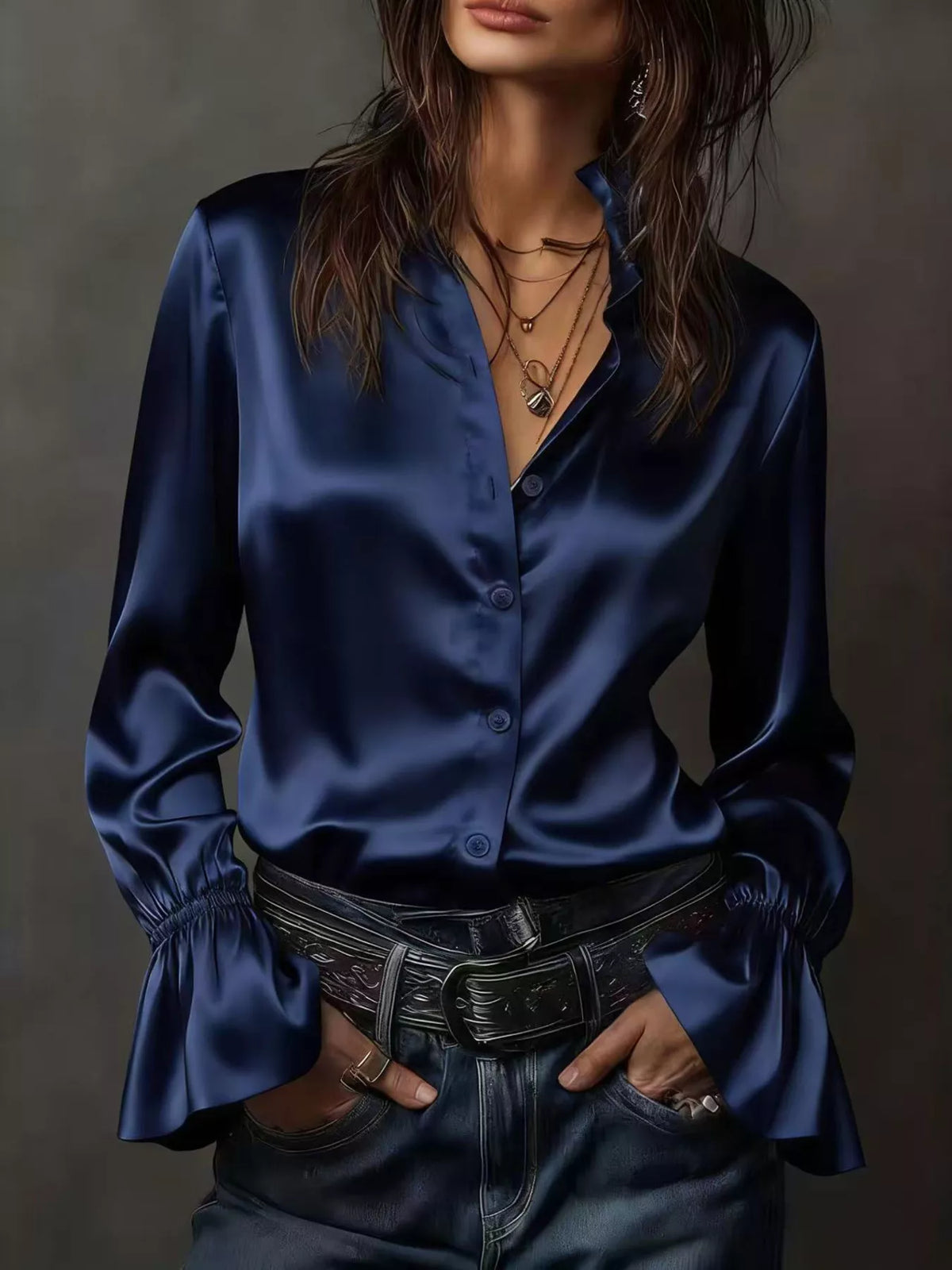 Button Up Flounce Sleeve Shirt