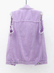 Full Size Button Down Raw Hem Sleeveless Denim Jacket Plus Size