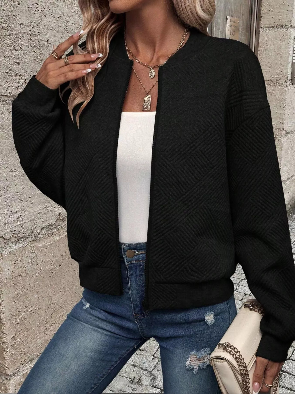 Full Size Zip Up Long Sleeve Textured Jacket Plus Size