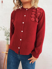 Floral Button-Front Long Sleeve Knit Cardigan