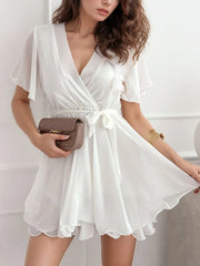 V-Neck Surplice Flutter Sleeve Short Dress