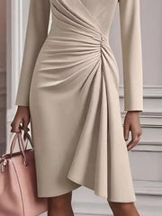 Front Ruched V-Neck Long Sleeve Dress