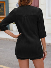 Textured Notched Top and Drawstring Shorts Set