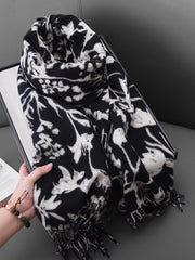 Floral Print Scarf with Fringe Detail