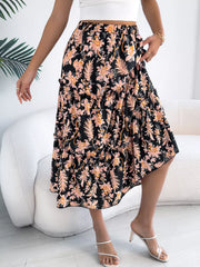 Floral Print Ruffle Hem Flowy Midi Skirt