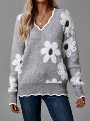 Floral V-Neck Knit Long Sleeve Sweater