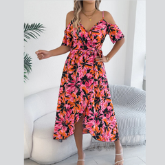 Printed Cold Shoulder Midi Cami Dress