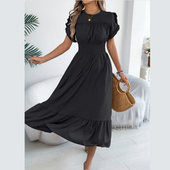 Smocked Frill Round Neck Midi Dress