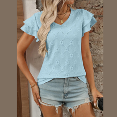 Eyelet V-Neck Ruffled Cap Sleeve Top