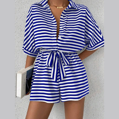 Striped Collared Neck Tie Waist Romper