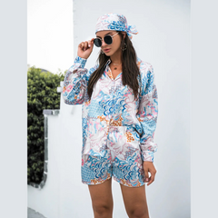 Printed Button Up Long Sleeve Shirt and Shorts Set