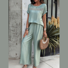 Round Neck Short Sleeve Top and Pants Set