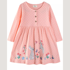 Children's Cute Animal Embroidered Polka Dot Long Sleeve Dress