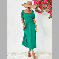 Off-Shoulder Puff Sleeve Smocked Maxi Dress