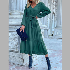 Ruffled Hem V-Neck Balloon Sleeve Dress