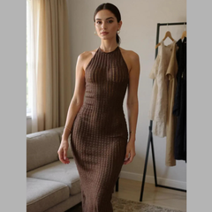 Ribbed Halter Neck Bodycon Maxi Dress