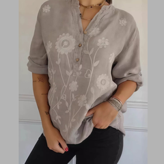 Full Size Floral Embroidered Button Detail Blouse Plus Size