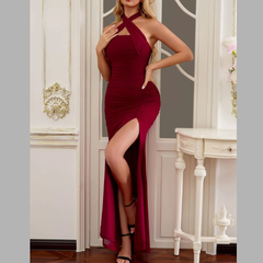 Halter Neck Ruched Slit Maxi Dress