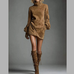 Turtleneck Lantern Sleeve Mini Dress with Pockets