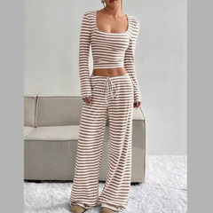 Striped Long Sleeve Crop Top & Wide Leg Pants Set