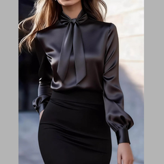 Satin Bow Tie Long Sleeve Blouse