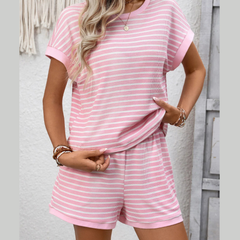 Striped Casual Round Neck Top and Shorts Set