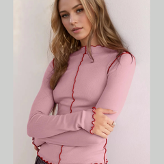 Basic Bae Contrast Trim Mock Neck Long Sleeve T-Shirt
