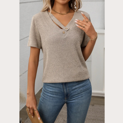 Ribbed V-Neck Short Sleeve T-Shirt