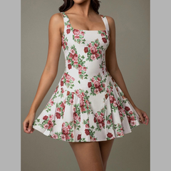 Pleated Floral Print Square Neck Mini Dress