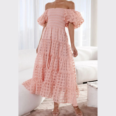 Off Shoulder Short Puff Sleeve Midi Dress