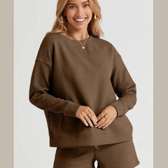 Double Take Full Size Texture Long Sleeve Top and Drawstring Shorts Set