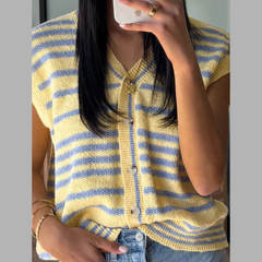 Striped Knit Button Up Cap Sleeve Cardigan