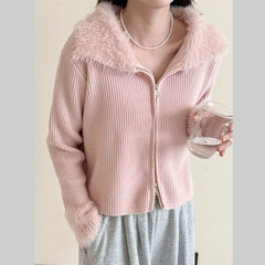 Fluffy Trim Zip-Up Cardigan